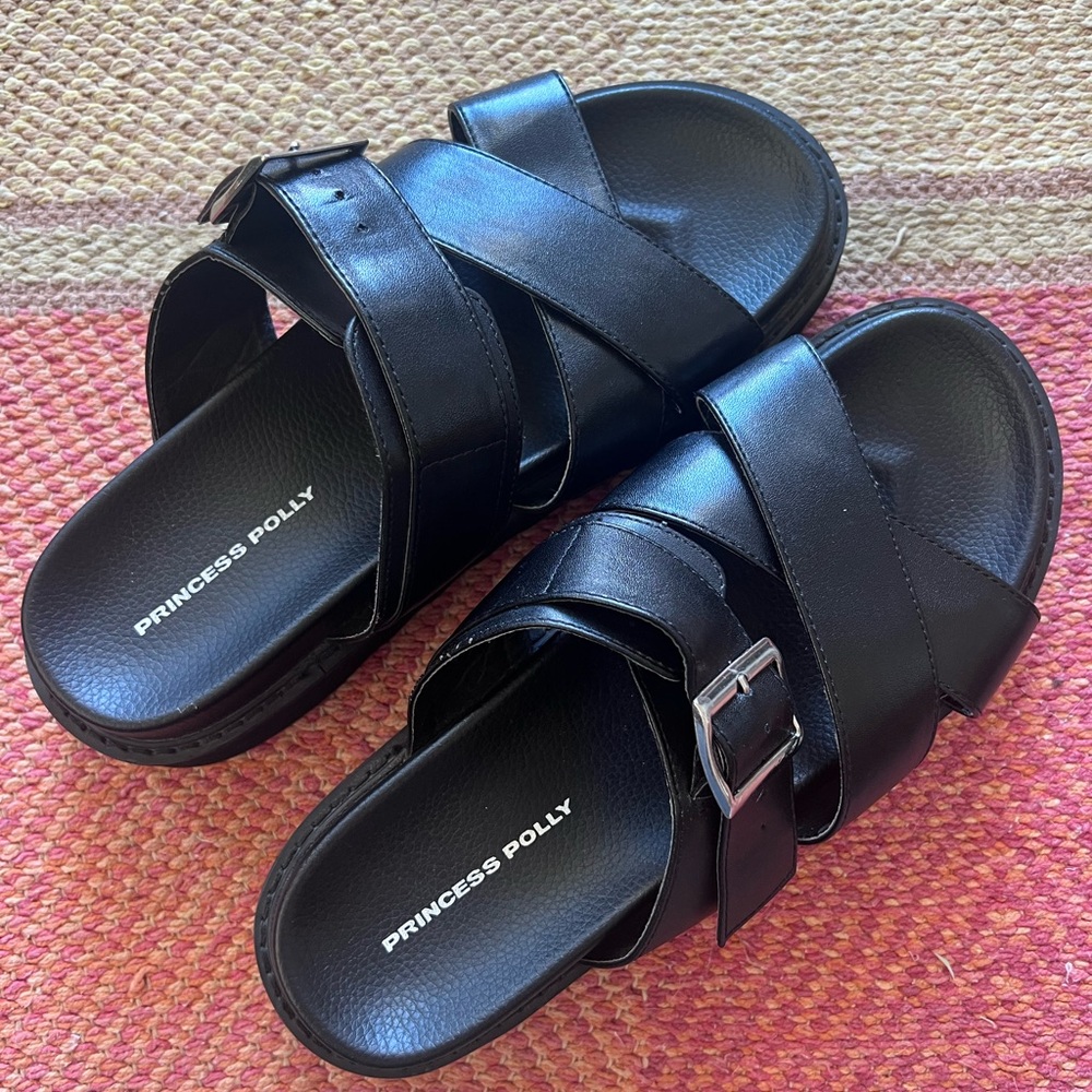 Princess Polly Black Cross-Strap Sandal Slides